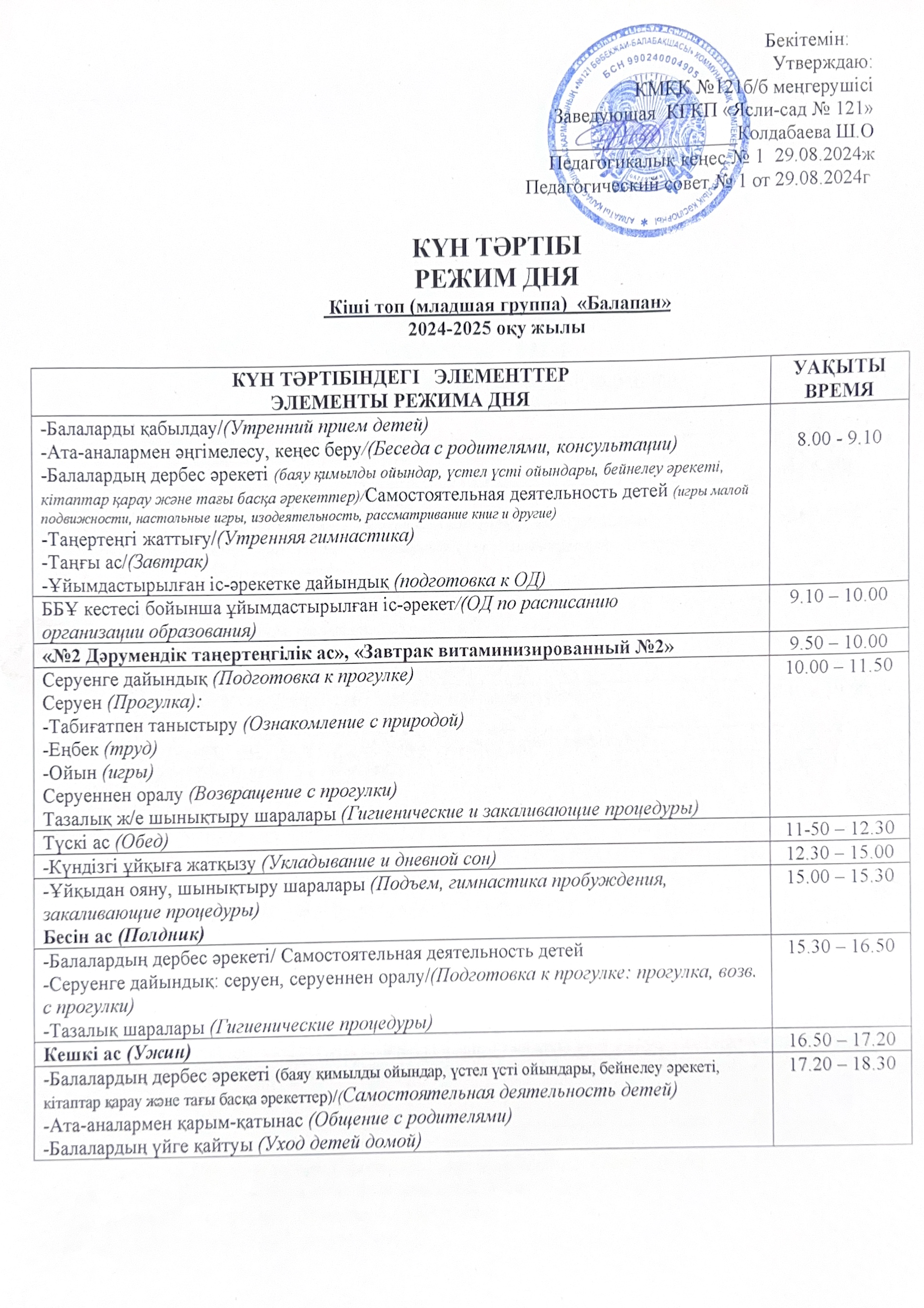 КҮН ТӘРТІБІ 2024-2025 оқу жылы. РЕЖИМА ДНЯ 2024-2025 учебный год.