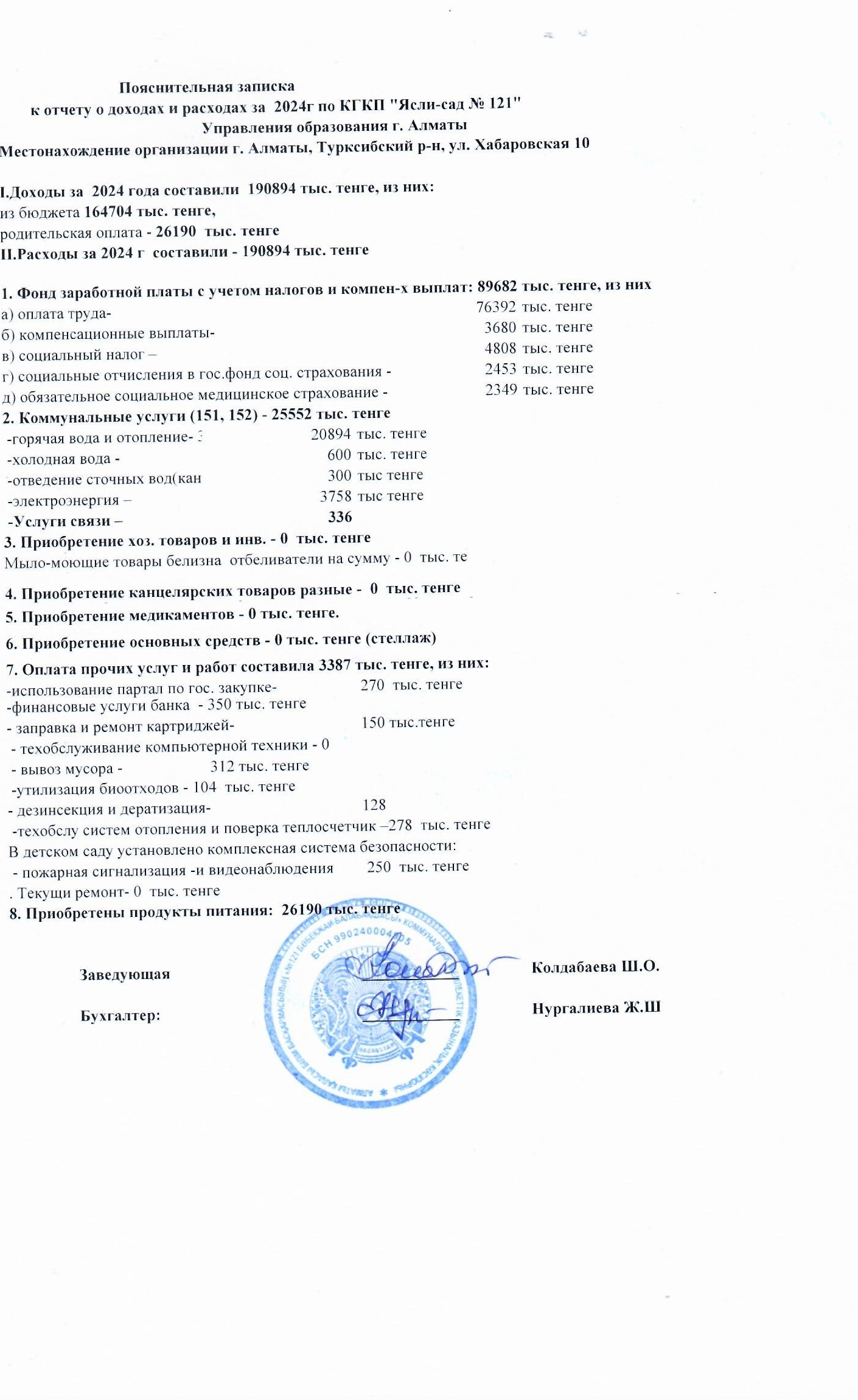 2024 жылғы кірістер мен шығыстар туралы есеп.  Отчёт о доходах и расходах на 2024 год.